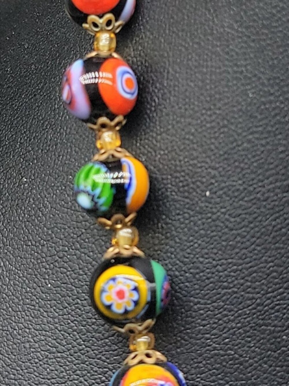 Antique Venetian Millefiori Murano Glass Bead Necklace 23" Graduated Black 16mm - Picture 9 of 16